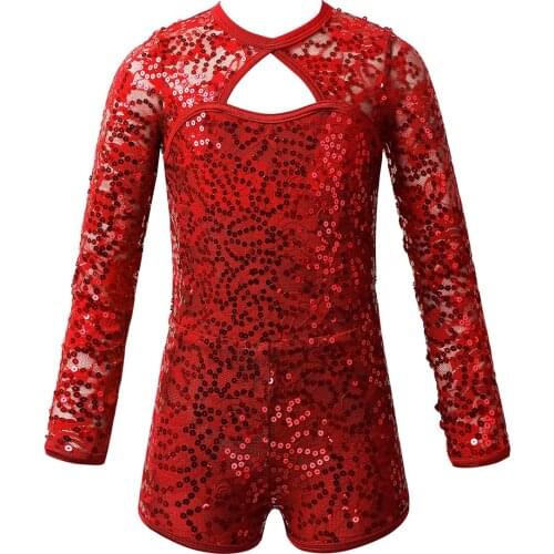 Kids Girls Dancewear Ballet Dance Costume Bodysuit Long Sleeves Shiny Sequins Keyhole Back Gymnastics Leotard Jumpsuit Biketard