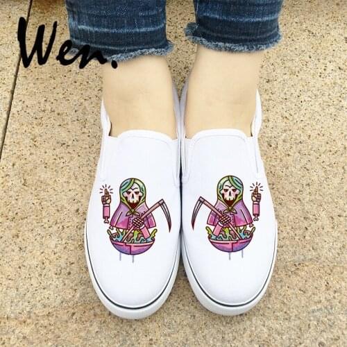 Wen Design Halloween Sickle Doll Women Sneakers Shoes White Black 2 Colors Slip On Men Canvas Skateboard Trainers Plimsolls