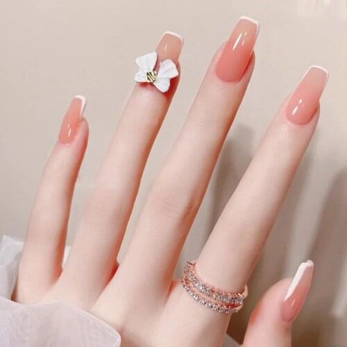 LiuLiu Long Fake Nail Pink Butterfly Artificial Press On With Jelly Glue Full Cover Stylish Daily Finished Nail Art False