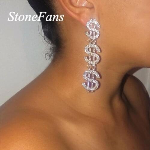StoneFans Statement Money Drop Earrings for Women Dollar Crystal Earrings Rhinestones Long Earrings Charming Sign Jewelry Gift
