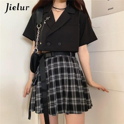 Jielur Black Casual 2 Pieces Set Women Plaid Skirt Sexy Sashes+Short Sleeve Notched Short Coat Crop Top Brooch Fashion Girls Set