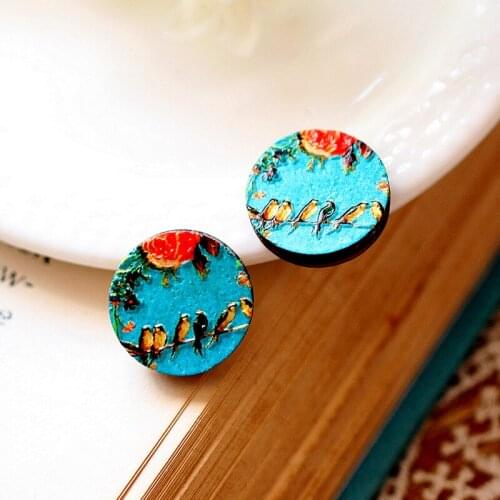 Unique 3D Birds Embossed 16mm Round Coloured Drawing pattern Laser Cut wood Cabochon DIY for Rings, Earring,Brooch,Necklace-341