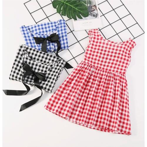 25# Dress For Girls 3 To 8 Years Summer Casual Dress Cotton Bow Plaid Princess Dress Sleeveless O-neck Childrens Dresses Платья