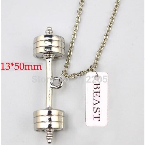 New product Fitness Weightlifting jewelry 10pcs antique silver Big Dumbbell barbell with BEAST Gym sports necklace