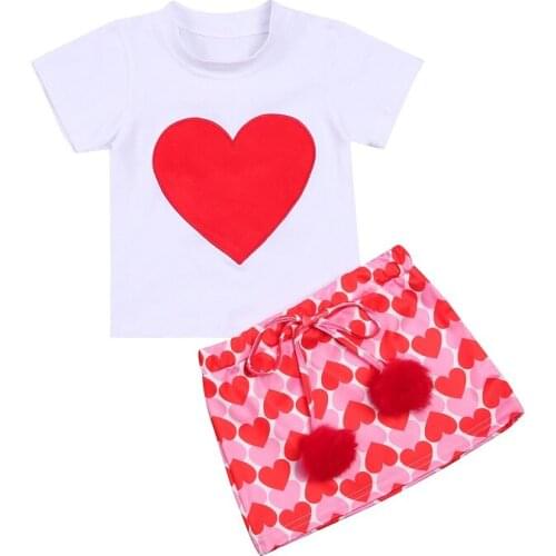 2-7Y Toddler Kids Baby Girl Short Sleeve Heart Pattern Cotton T-shirt Tops A-line Skirt 2PCS Children Girls Clothing Set