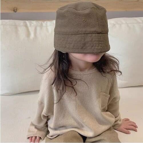 Childrens Bucket Hat Parent-Child Japanese Flat Top Solid Color Baby Fisherman Hat Canvas Casual Bucket Type Bucket Hat Tide