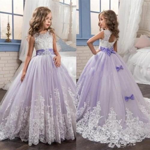 Beautiful Purple and White Flower Girls Dresses Beaded Lace Appliqued Bows Pageant Gowns for Kids Wedding Party Dresses For Girl