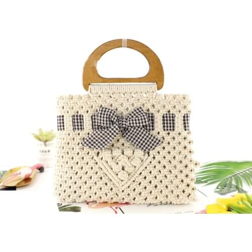 Wooden handle Handmade Woven Summer Totes Casual Rattan Women Shoulder Bag Straw Woven Handbags Ladies Beach bowknot square Bags