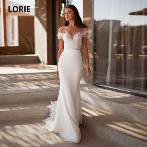 LORIE Boho Wedding Dresses Scoop Short Sleeves Tulle Top Soft Satin Wedding Gown Custom Made Mermaid Bridal Dress 2021