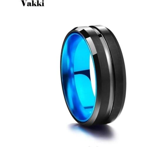 VAKKI Classic Wedding Matte Black Tungsten Steel Party Ring Blue Inner Finger Ring For Male Jewelry Anillos Accessories