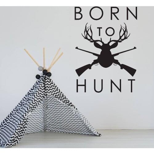 Hunting Cabin Sign Wall Decal Quotes Born To Hunt Gun Pattern Vinyl Wall Stickers For Dad Gifts Deer Woodland Decor Mural SY31