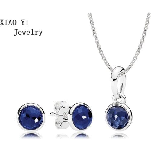 XIAOYI 100% s925 RAU0264 September Sapphire Blue Droplets Pendant Necklace Earrings Gift Set Jewelry wedding popular female