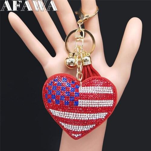American Flag Heart Crystal Keychains for Women Red Gold Color Tassel Chain for Pants Jewelry llaveros mujer K2518S01
