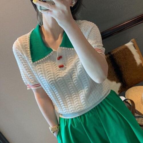 Cherry Button Pearl Turn-down Collar women knit Top Summer Hollow Short Sleeved Elegant lady T-shirt Korean Style 2021 Chic New