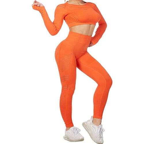 Women Sport Suit Yoga Set Gym Workout Clothes Long Sleeve Fitness Crop Top + High Waist Energy Seamless Leggings