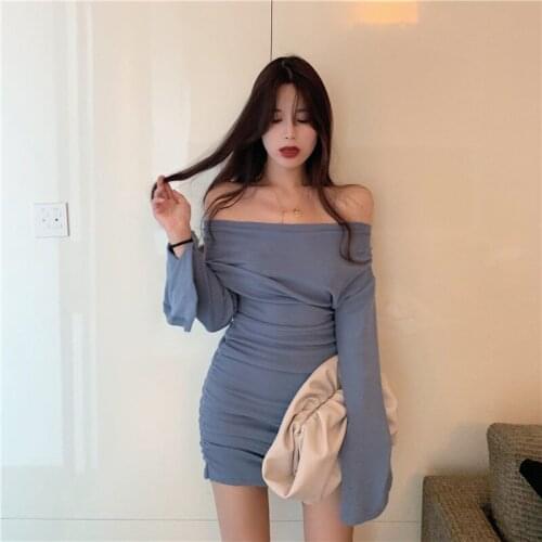 2020 Women Chic Mini Dress Spring Sexy Slash Neck Spring Fashion Long Sleeve Off Shoulder Bodycon Waisted Slim Pencil Dresses