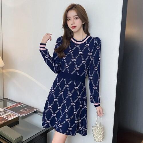 Women 2021 Autumn Long Sleeve Elegant Office Lady Vintage Knit Dress Sexy Slim Fit A-Line Mini Dress
