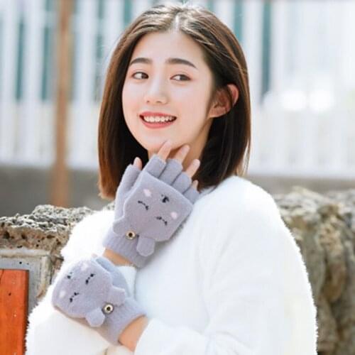 Winter plush knitted gloves ladies clamshell half-finger outdoor plus velvet thickening warm mitten cute cartoon rabbit E80