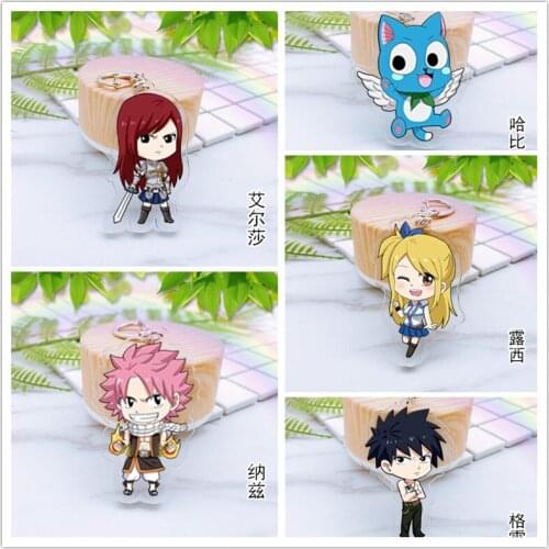 1pcs Anime Keychain Fairy Tail Natsu Dragneel Lucy Heartfilia Erza Scarlet Doublesdie Print Keyrings Pendant Keychain