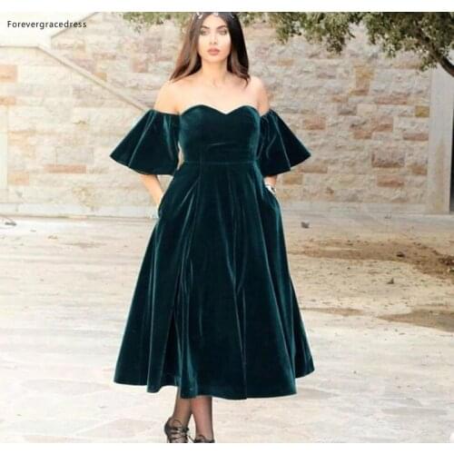 2019 Cheap Dark Green Cocktail Dress Arabic Off The Shoulder Velvet Formal Holiday Wear Prom Party Gown Custom Made Plus Size