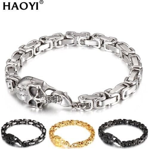 6mm Skull Titanium Steel Bracelet Men Gothic Gold Stainless Steel Mens Skull Emperor Chain Bracelets Biker Jewelry For Men Gifts