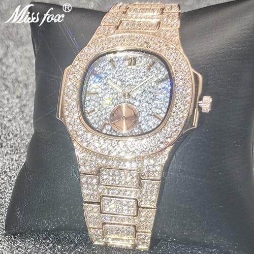 AAA Hip Hop MISSFOX Iced Out Mens Watches Top Brand Luxury Diamond Watch Men Quartz Gold Clock Steel Band Business Wristwatches