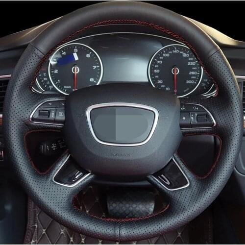 DIY black hand-stitched leather car steering wheel cover for Audi A3 A4 2013-2018 A6 2005-2018 Q3 2012-2018 Q5 Q7 2013-2018