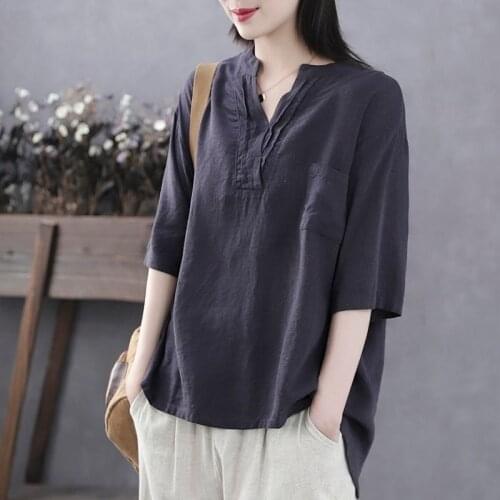 Cotton 95% Linen Women T-Shirts Summer Vintage 2021 V-Neck Half Sleeved Straight Loose Casual Female Pulls Tops Tees