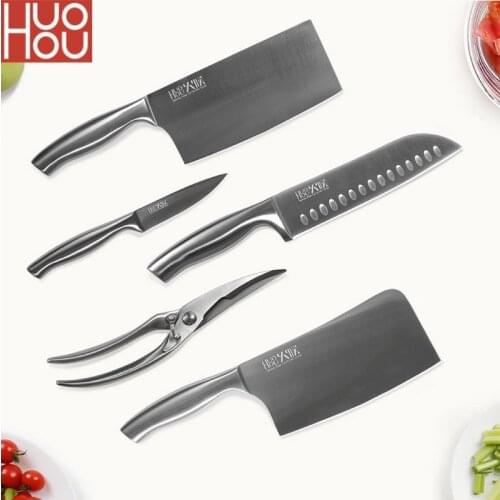 Huohou 6pcs Kitchen Knife Sharp Steel Knives Scissors 6 in 1 Set Fruit Meat Bread Knife Kitchenware for Family H10