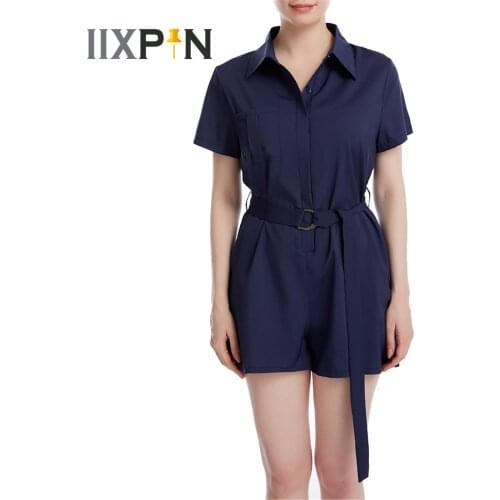 Women Summer One-Piece Shorts Jumpsuit with Belt Femme Short Sleeve Button Down Rompers Woman Playsuit Casual Jumpsuits