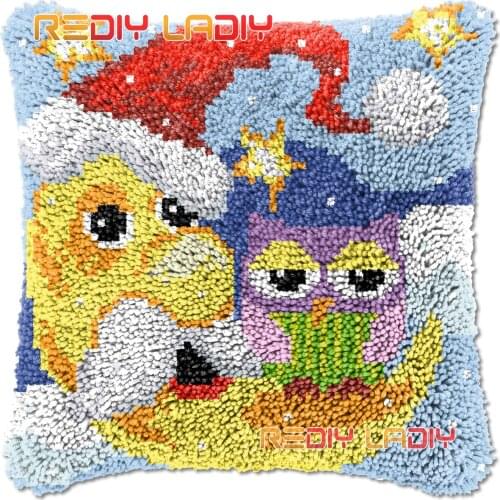 Latch Hook Cushion Cover Moon with Owl Needlepoint Kits Chunky Acrylic Yarn Crocheting Pillow Case Arts & Crafts