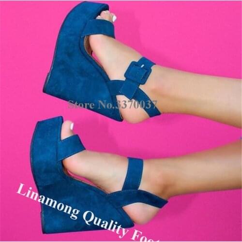 Linamong Western Fashion Open Toe Blue High Platform Wedge Sandals Suede Leather Ankle Strap Buckle Height Increased Wedges