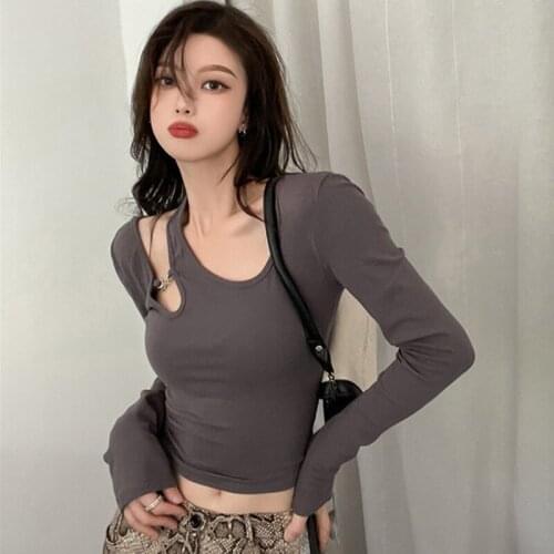 Fashion Korean Style Ladies Vintage Casual Blouse Long Sleeve Sexy Hollow Solid Chic Wild Top Female Inner-Match Short T-Shirt