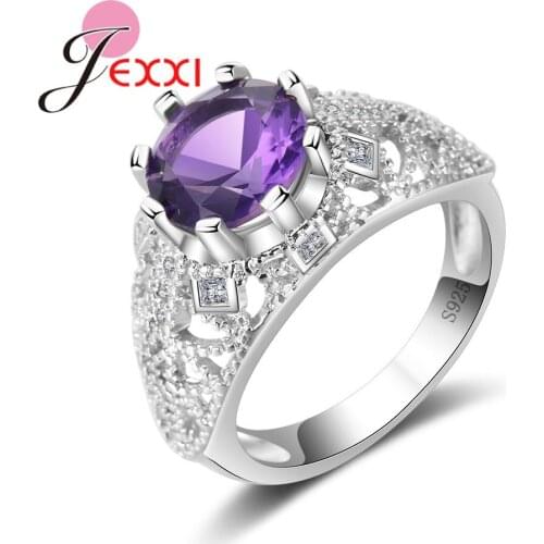 Fashion Romantic Rings For Woman Wedding Party 925 Sterling Silver Shiny Clear Cubic Zirconia Purple Crystal Finger Ring