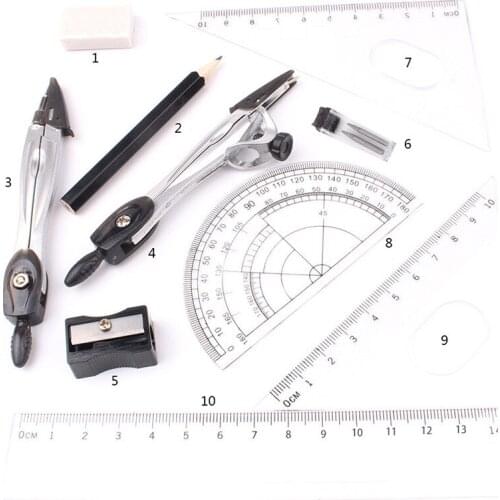 Geometry Protractor Drawing School Eraser Compasses Set Plastic + Metal Stationery Math Eraser Ruler For Students High Quality