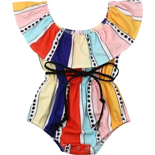0-24M Newborn Baby Girls Clothes Striped Off Shoulder Ruffle Romper Sunsuit with Belt Soft Cotton Summer Clothing