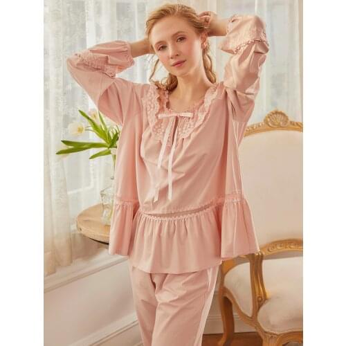 Pajamas Sleepwear Women Autumn Clothes Pyjama Set Sweet Cotton Pijamas Pink White