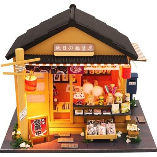 Japanese Style Grocery Store Wooden Dollhouse Miniaturas With Furnitures DIY Assembly Doll House Hot Kit Toys For Children Gift