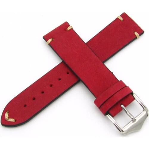 20 22mm Real Cowhide Suede Leather Handmade Stitch Red Watch Band Strap Belt Silver Polished Pin Buckle For Rolex Omega Tudor