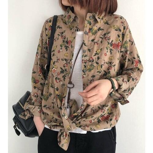 Cotton Linen Shirt Womens Spring Autumn New Loose Mid-Length Retro Floral Shirts Literary Leisure Lapel Long Sleeve Tops zh148