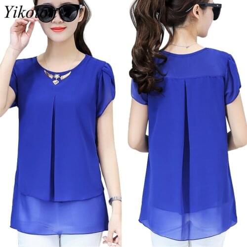 New Summer Tops Women Chiffon Blouse Shirts Woman Top O-Neck Blouses Petal Sleeve Plus Size 4XL Korean Blusas Chemisiers femme
