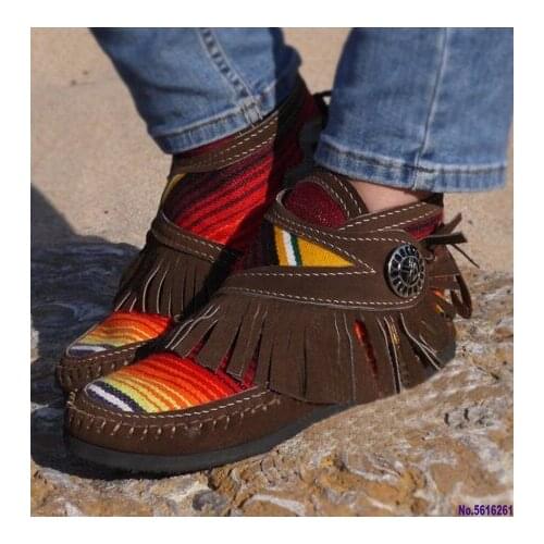 Women Tassel Stripe Ankle Boots 2020 Womens Sewing Warm Woman Flats Female Shoe Ladies Casual Hook Loops Footwear Plus Size 43