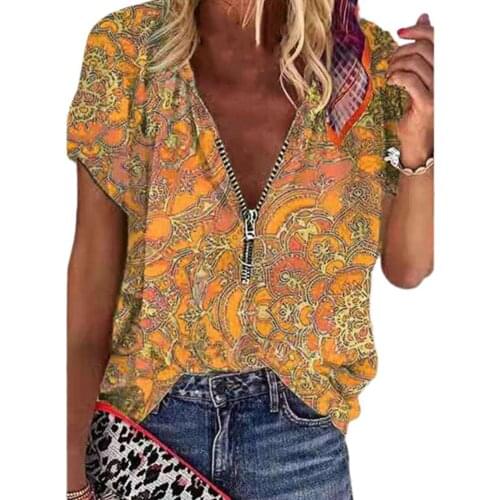 Ladies T-shirts Floral Print Short Sleeve V-Neck Zipper Loose Skin-friendly Women Summer Casual T-Shirts Tops футболка оверсайз