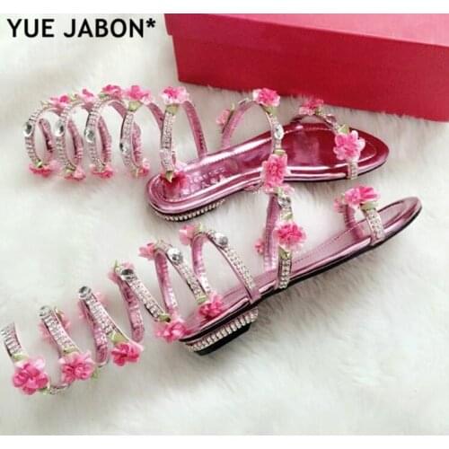 Pink White Flower Summer Luxurious gladiator sandals women Flat Snake Punk Rhinestone Flat Heel Women Sandals Wedding Party shoe