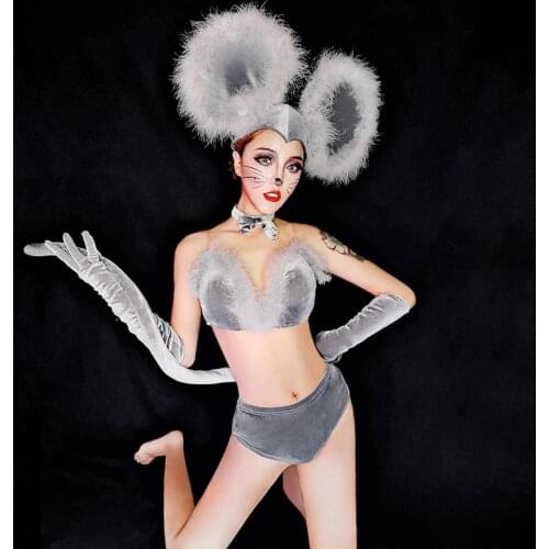 Women Sexy Bar Ds Performance Birthday Evening Clothing Nightclub Gogo Leading Dancer Gray Cute Mickey Mouse Suit Stage Costume