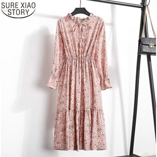Soft Floral Print Women Autumn Dress Party Loose Dresses Elastic Waist Beach Vestidos Stand Collar Female Party Dresses 3499 50