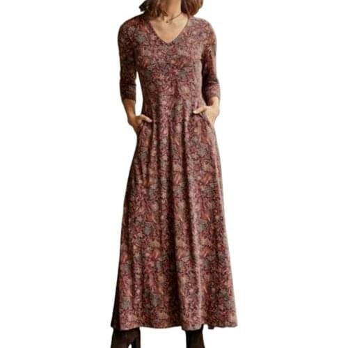 Vintage Women Dresses V Neck Long Sleeve Large Hem Printed Pockets A-line Maxi Dress Womens Clothing 2021