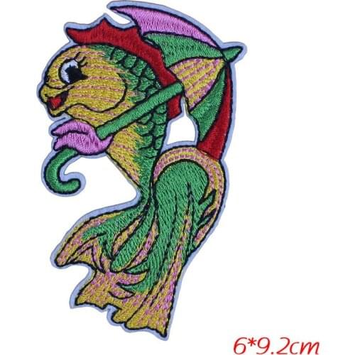 Goldfish Holding Umbrella Patches for Clothing Iron on Embroidered Patch Applique Sewing on Fabric Badge DIY Apparel Decoration