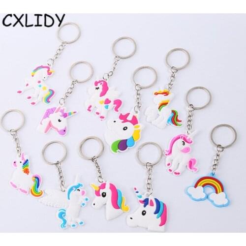 10pcs Cartoon Unicorn Keychain PVC Soft Rubber Doll Pendant Rainbow Horse Crafts Jewelry Accessories aa029
