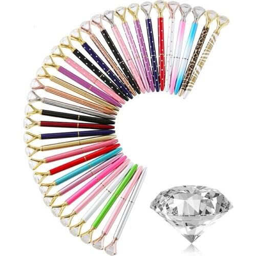 100 pcs Luxury Crystal Pen 14cm Long Diamond Wafer Metal Ballpoint Pen 1mm Blue Writing Pen Student School Gift Ball Pen Like
